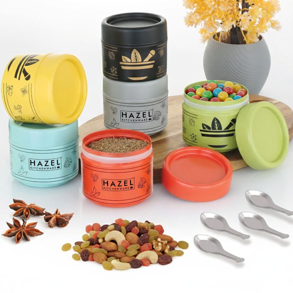 HAZEL GI Masala Container with Spoon | Spice Box for Kitchen | Airtight & Traditional Design, 6 Containers with 6 Spoons