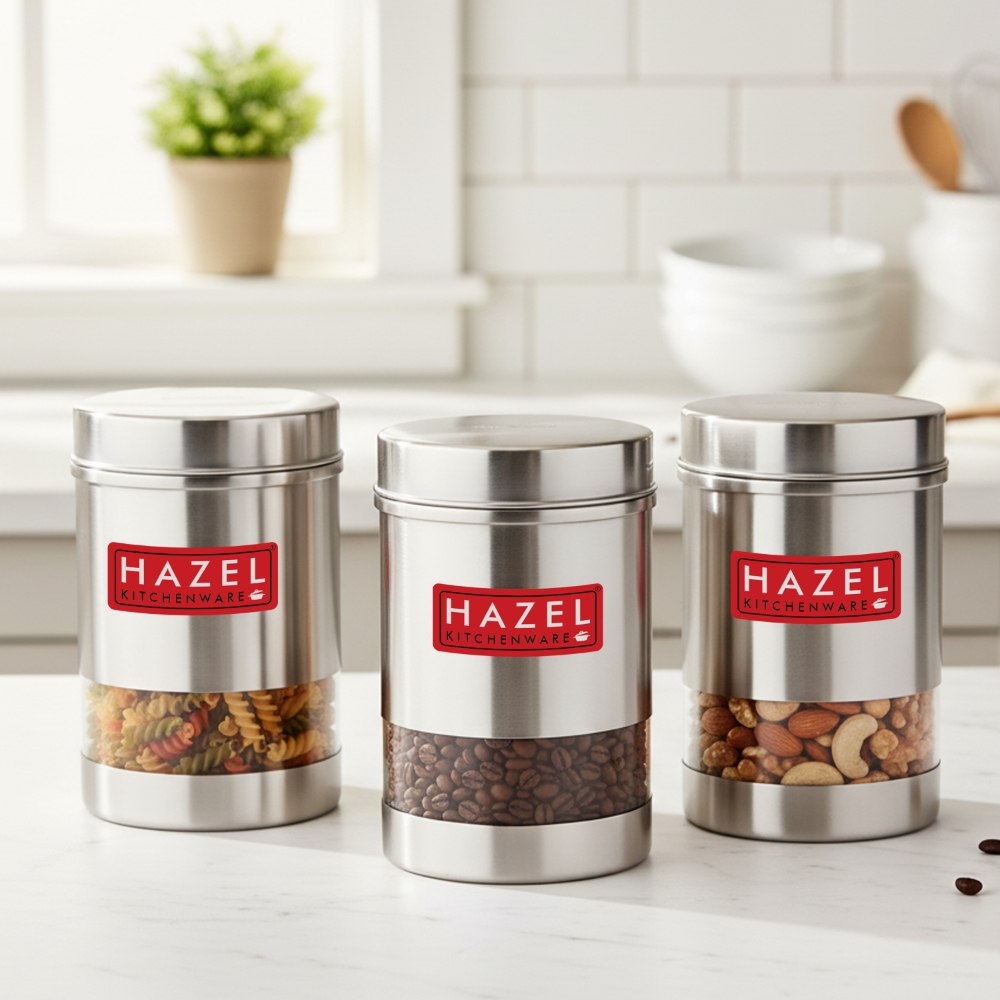HAZEL Stainless Steel Transparent See Through Container Set of 3, Silver, 600 Ml Each