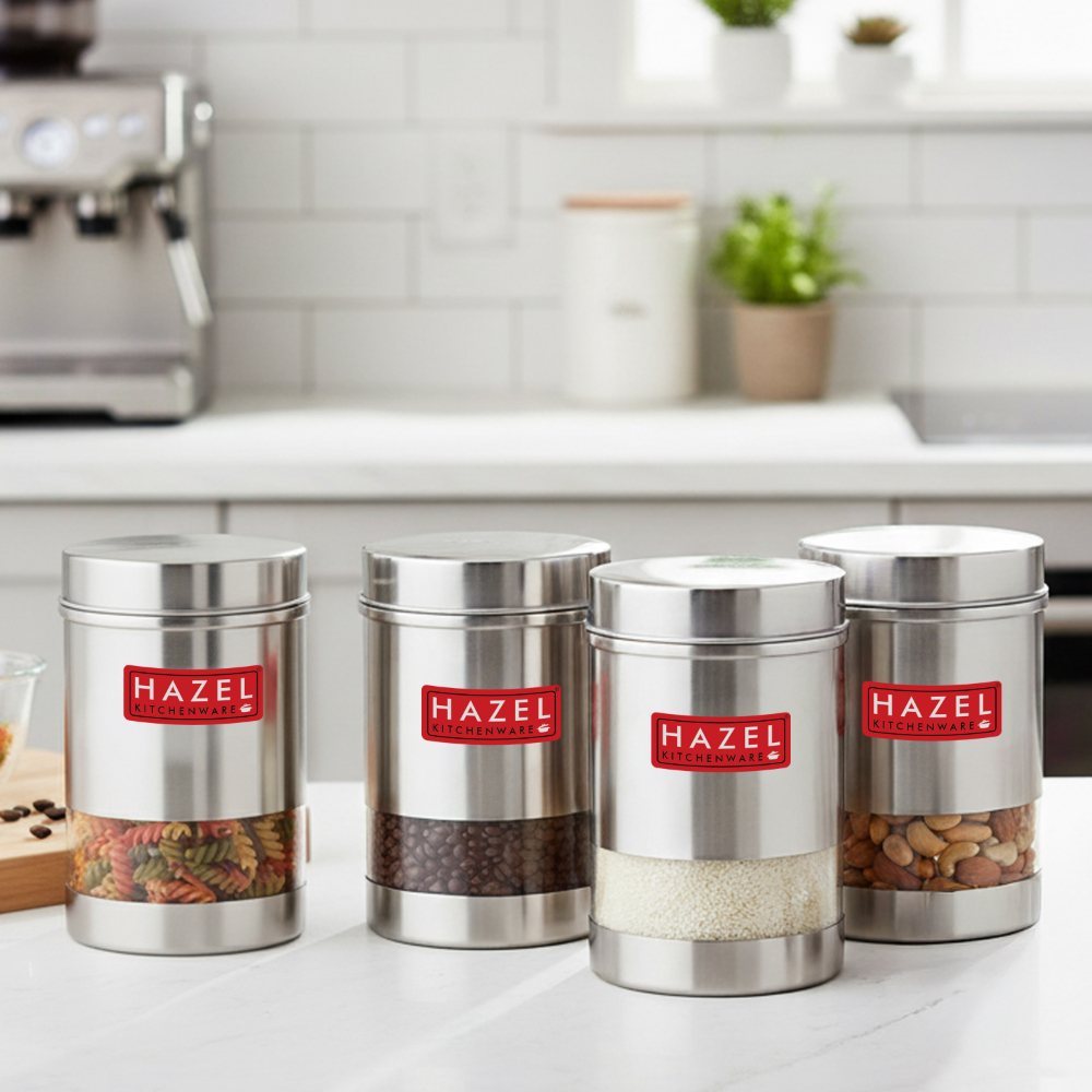 HAZEL Stainless Steel Transparent See Through Container Set of 4, Silver, 600 Ml Each