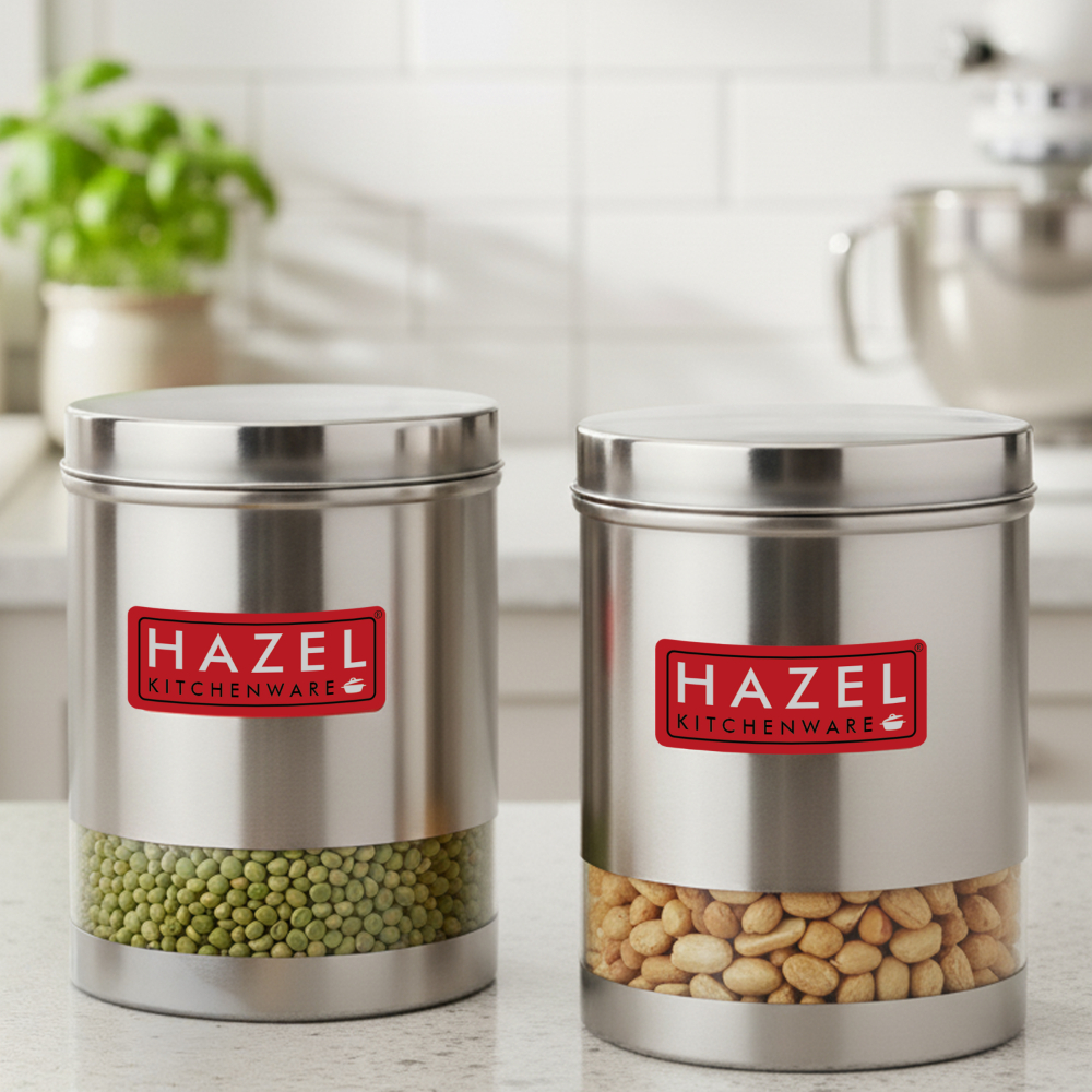 HAZEL Stainless Steel Containers Set For Kitchen Storage Transparent See Through Matt Finish Storage Jars Dabba, Set of 2, 2200 ML Each, Silver