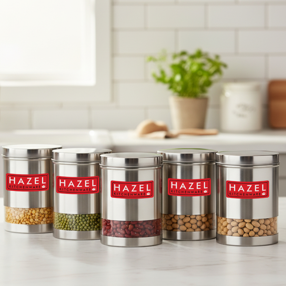 HAZEL Stainless Steel Containers Set For Kitchen Storage Transparent See Through Matt Finish Storage Jars Dabba, Set of 5, 2200 ML Each, Silver