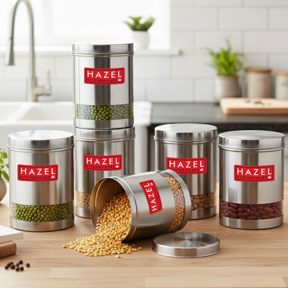 HAZEL Stainless Steel Containers Set For Kitchen Storage Transparent See Through Matt Finish Storage Jars Dabba, Set of 6, 2200 ML Each, Silver