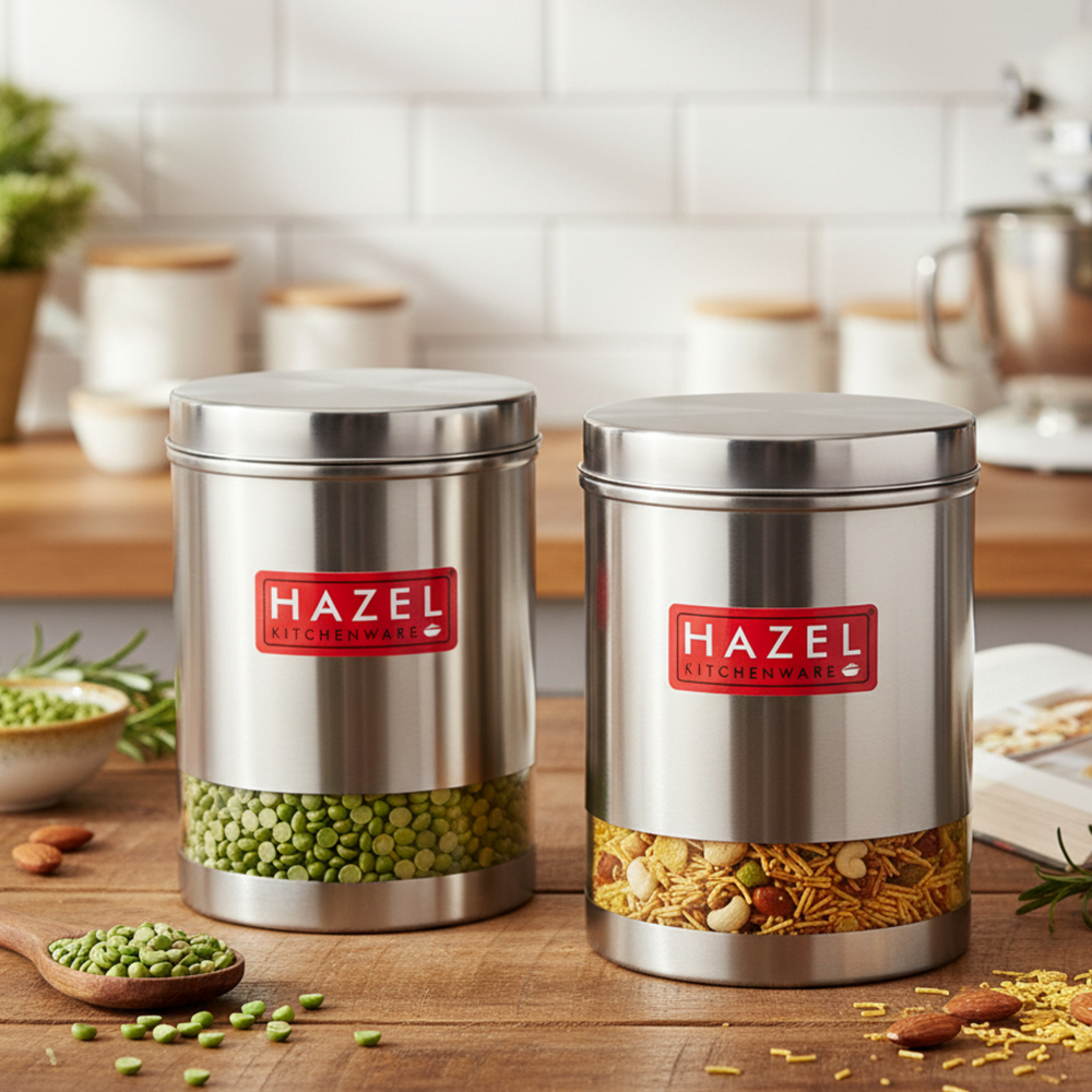 HAZEL Stainless Steel Containers Set For Kitchen Storage Transparent See Through Matt Finish Storage Jars Dabba, Set of 2, 3000 ML Each, Silver