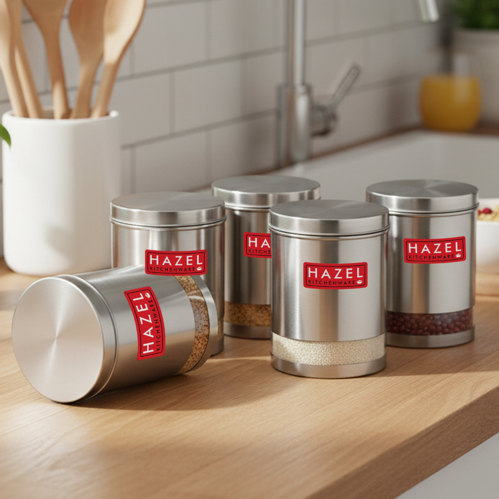 HAZEL Stainless Steel Containers Set For Kitchen Storage Transparent See Through Matt Finish Storage Jars Dabba, Set of 5, 3000 ML Each, Silver