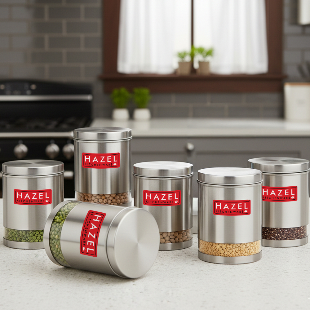 HAZEL Stainless Steel Containers Set For Kitchen Storage Transparent See Through Matt Finish Storage Jars Dabba, Set of 6, 3000 ML Each, Silver