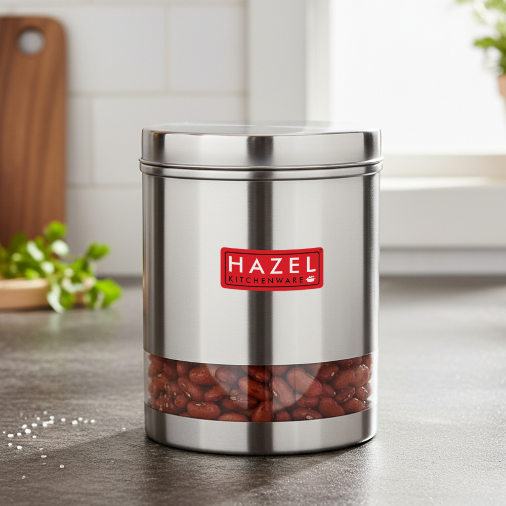 HAZEL Stainless Steel Container For Kitchen Storage Transparent See Through Matt Finish Storage Jar Dabba, Set of 1, 2200 ML, Silver