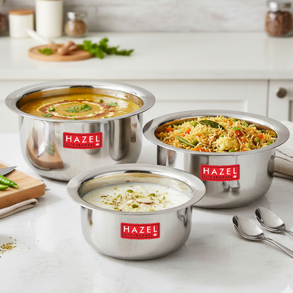 Hazel Utensils Set For Kitchen By Hazel I Steel Handi With Round Bottom, Set Of 3, 300 ML, 500 ML & 800 ML I Boiling Vessels, Multipurpose Steel Bhagona