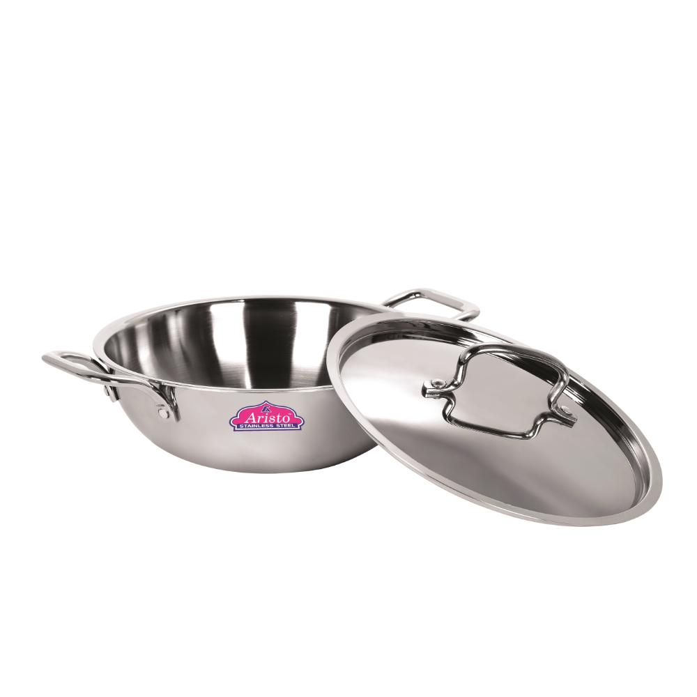 Aristo Triply Induction Friendly Kadhai Kadai With Stainless Steel Lid, Silver, 18.5 cm, 1.2 Litre