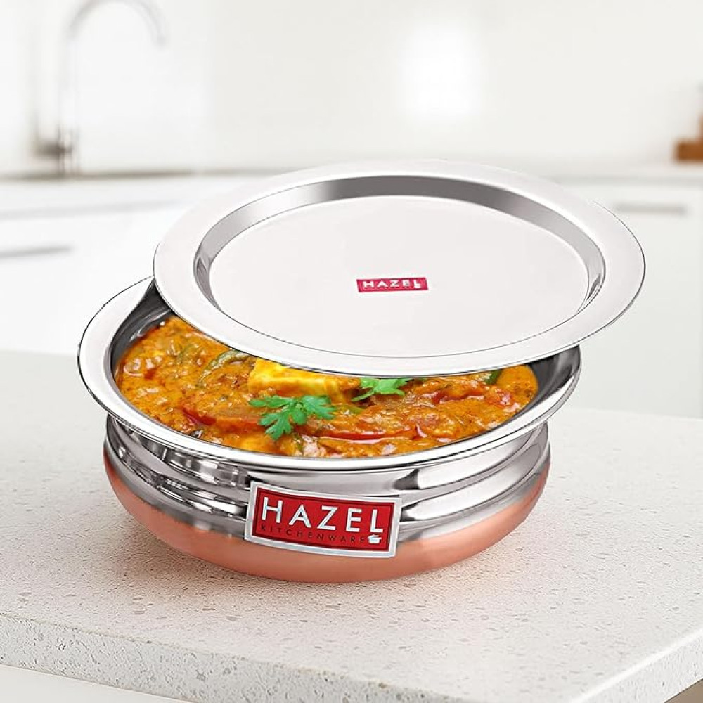HAZEL Copper Bottom Uruli With Lid | Urli Vessel Cooking Stainless Steel |  Serving Tope Handi | Kitchen Items For Home Cooking, 1700 ML
