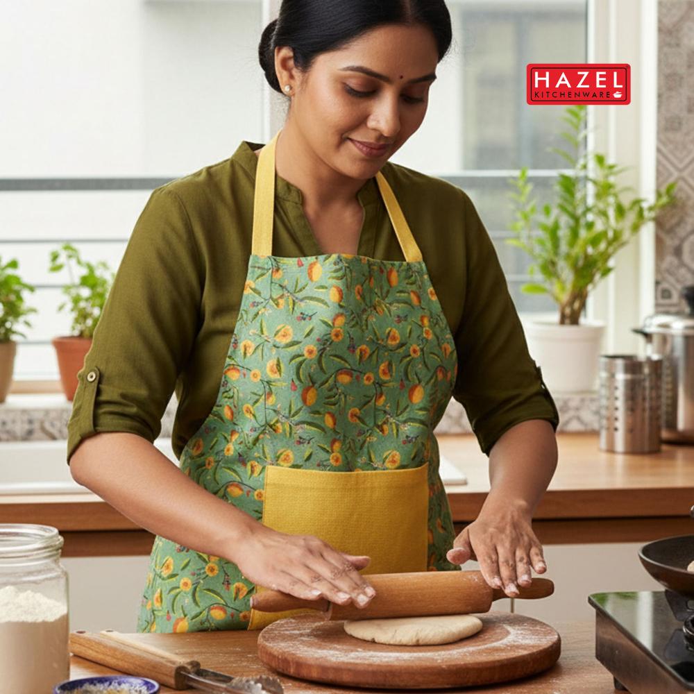 HAZEL Cotton Kitchen Apron with Front Pocket | Adjustable Neck Strap & Tie Back | Reusable Cooking, Baking & Cleaning Apron for Men & Women (Yellow & Green)