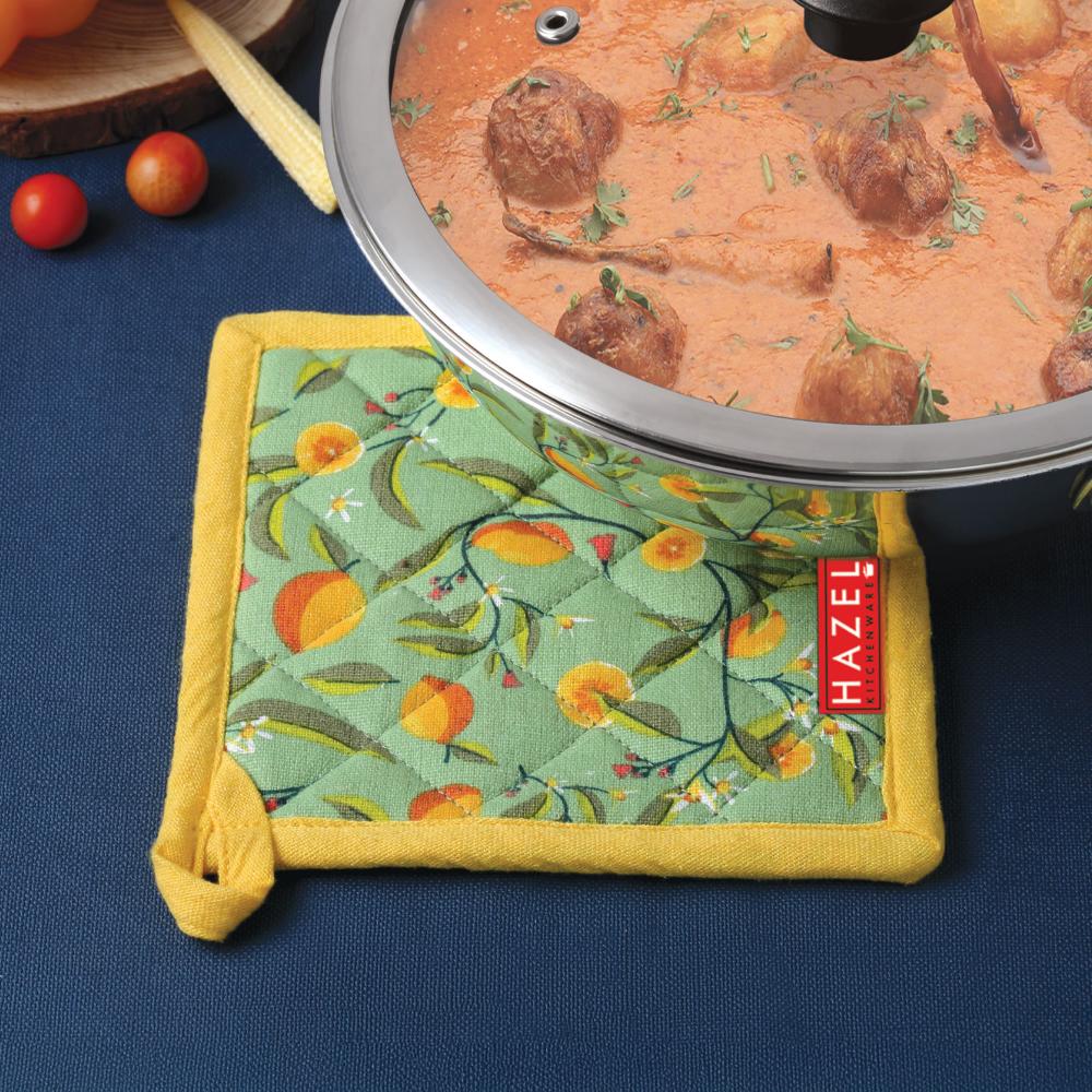 HAZEL Cotton Kitchen Pot Holder | Heat Resistant Quilted Fabric Mat for Hot Pots & Pans | Durable, Washable, and Easy to Hang (Yellow & Green)
