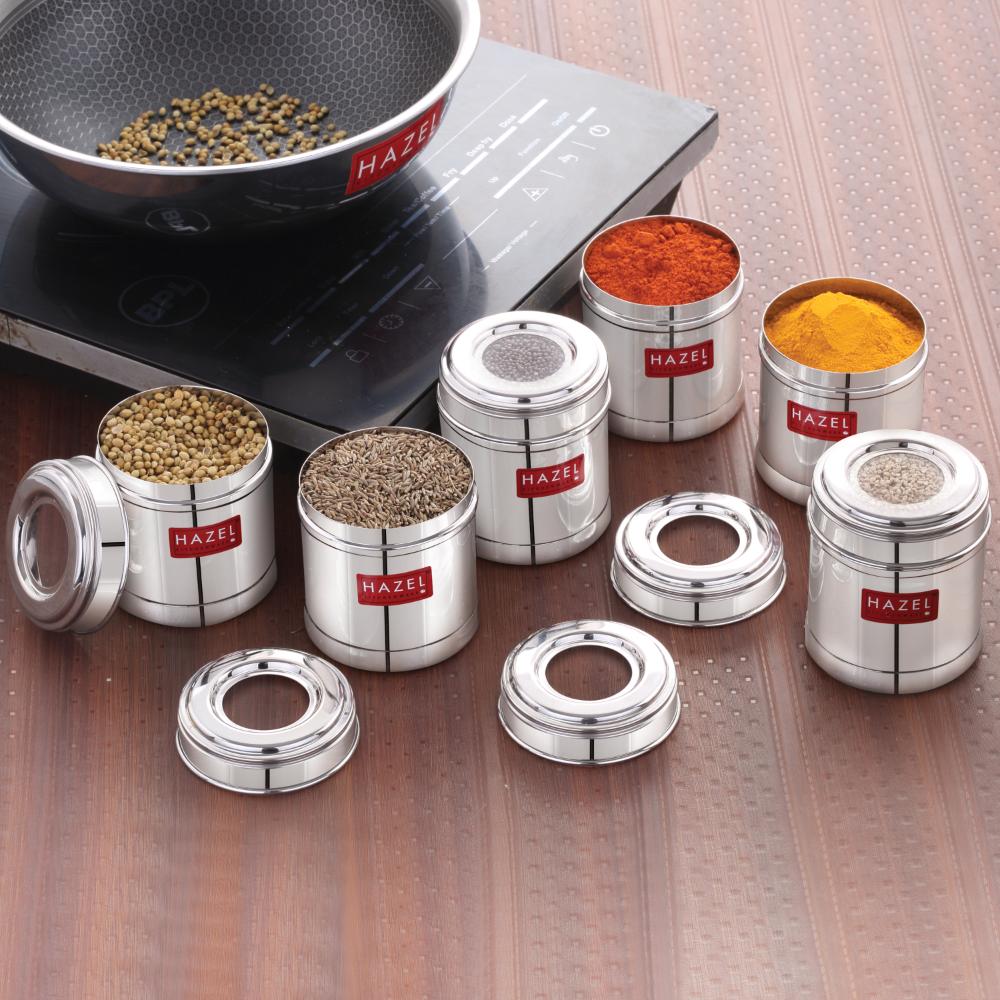 HAZEL Stainless Steel Kitchen Containers 300ml Set of 6 with Transparent See-Through Lid | Airtight Spice & Storage Jars for Kitchen