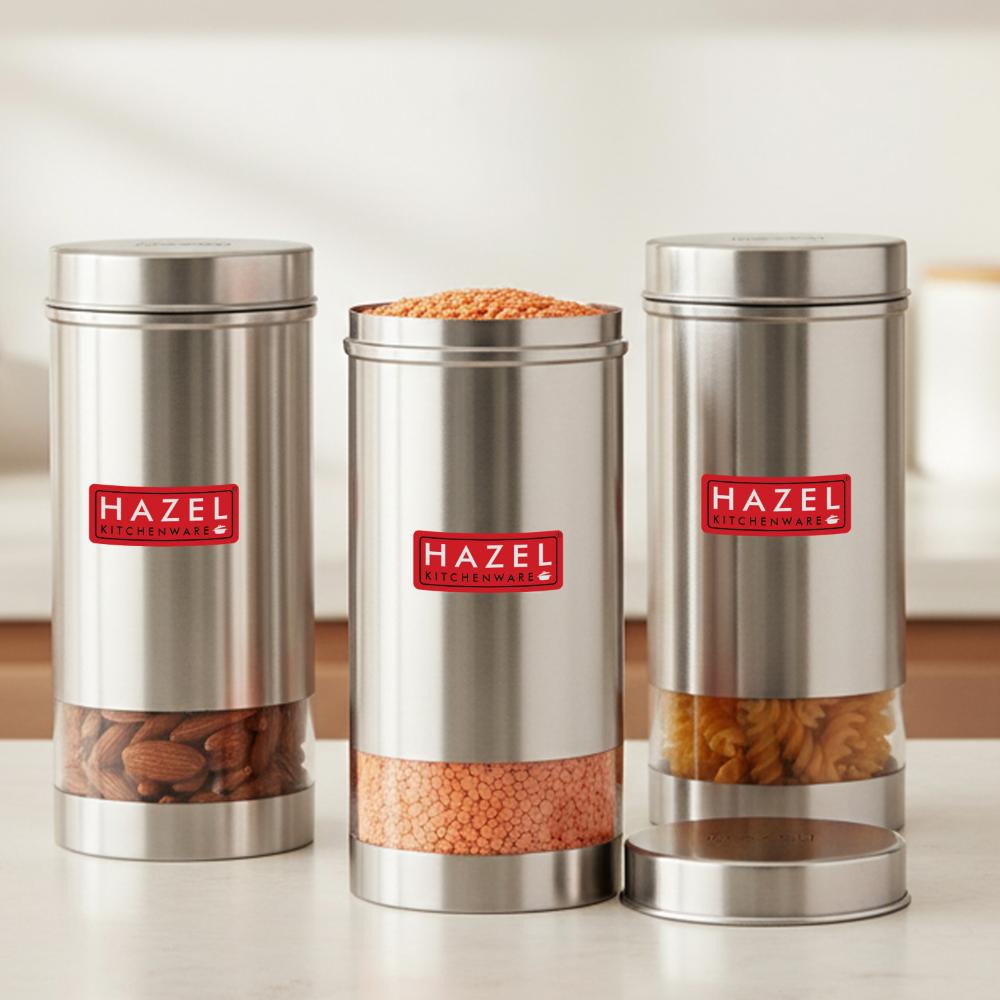 HAZEL Stainless Steel Tea Coffee Sugar Jars | Set of 3 | 1000 ml Each | Matt Silver