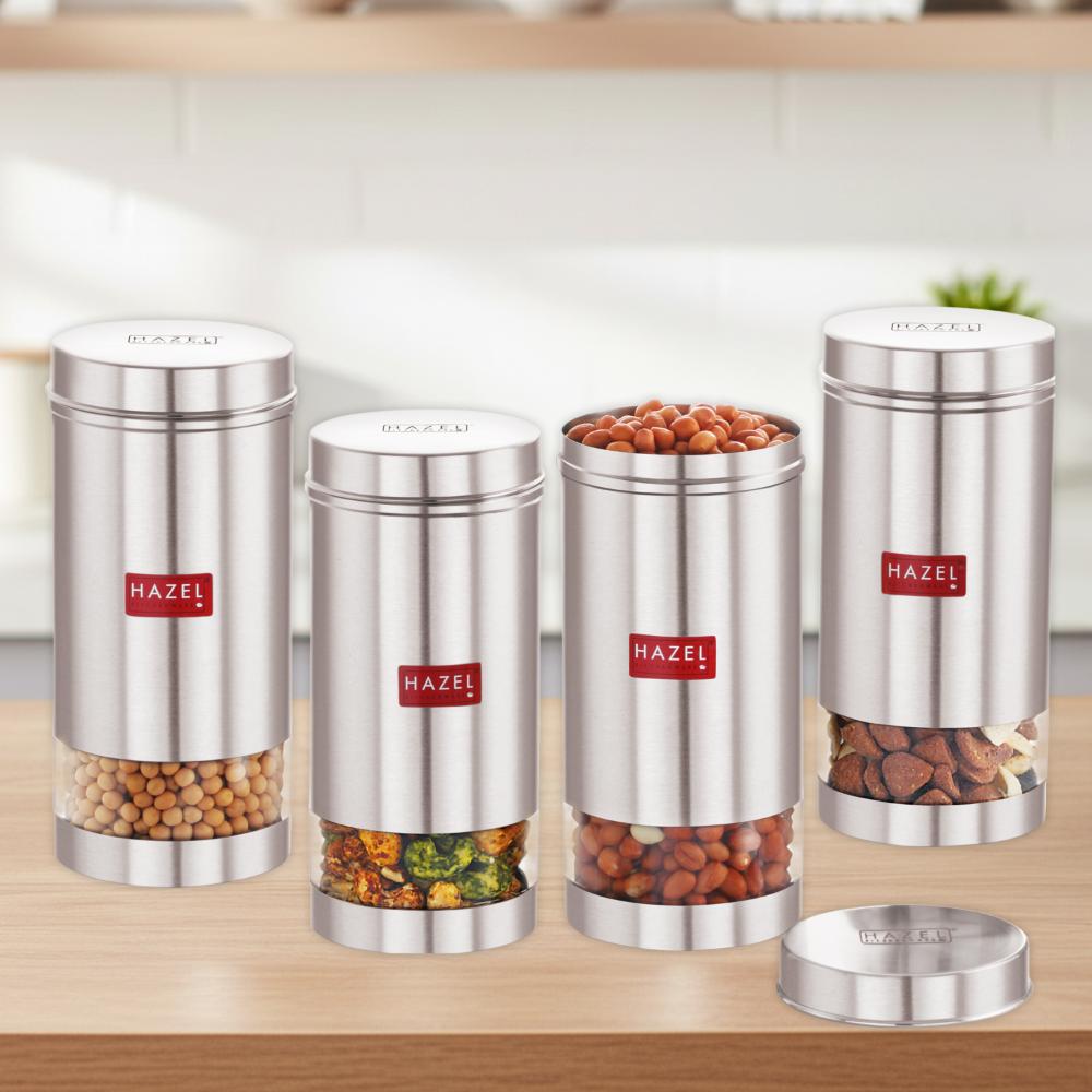 HAZEL Stainless Steel Transparent See Through Container, Silver, Set of 4, 1000 Ml