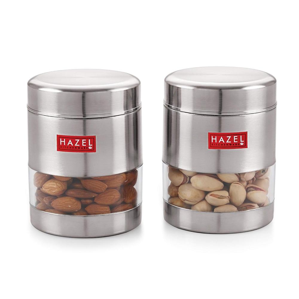 HAZEL Stainless Steel Transparent Matt Finish See Through Container, Silver, Set of 2, 400 ML