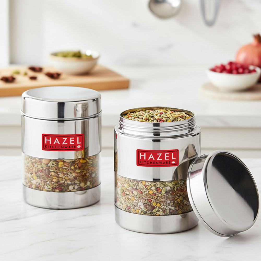 HAZEL Stainless Steel Mukhwas Container | See Through Small Containers for Kitchen Storage Set | Transparent Airtight Jars Set of 2 Pc, 300 ML