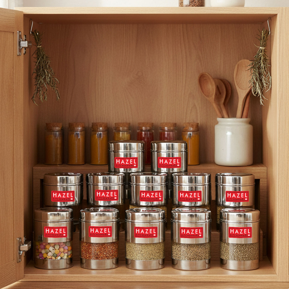 HAZEL Stainless Steel Mukhwas Container | See Through Small Containers for Kitchen Storage Set | Transparent Airtight Jars Set of 12 Pc, 300 ML