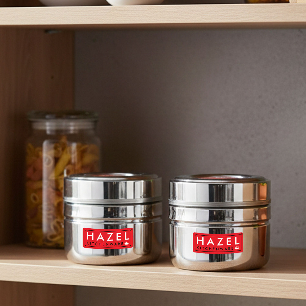 HAZEL Steel Small Container for Kitchen | Transparent Lid Containers for Storage | Small Container for Spices, Set of 2, 200 ML