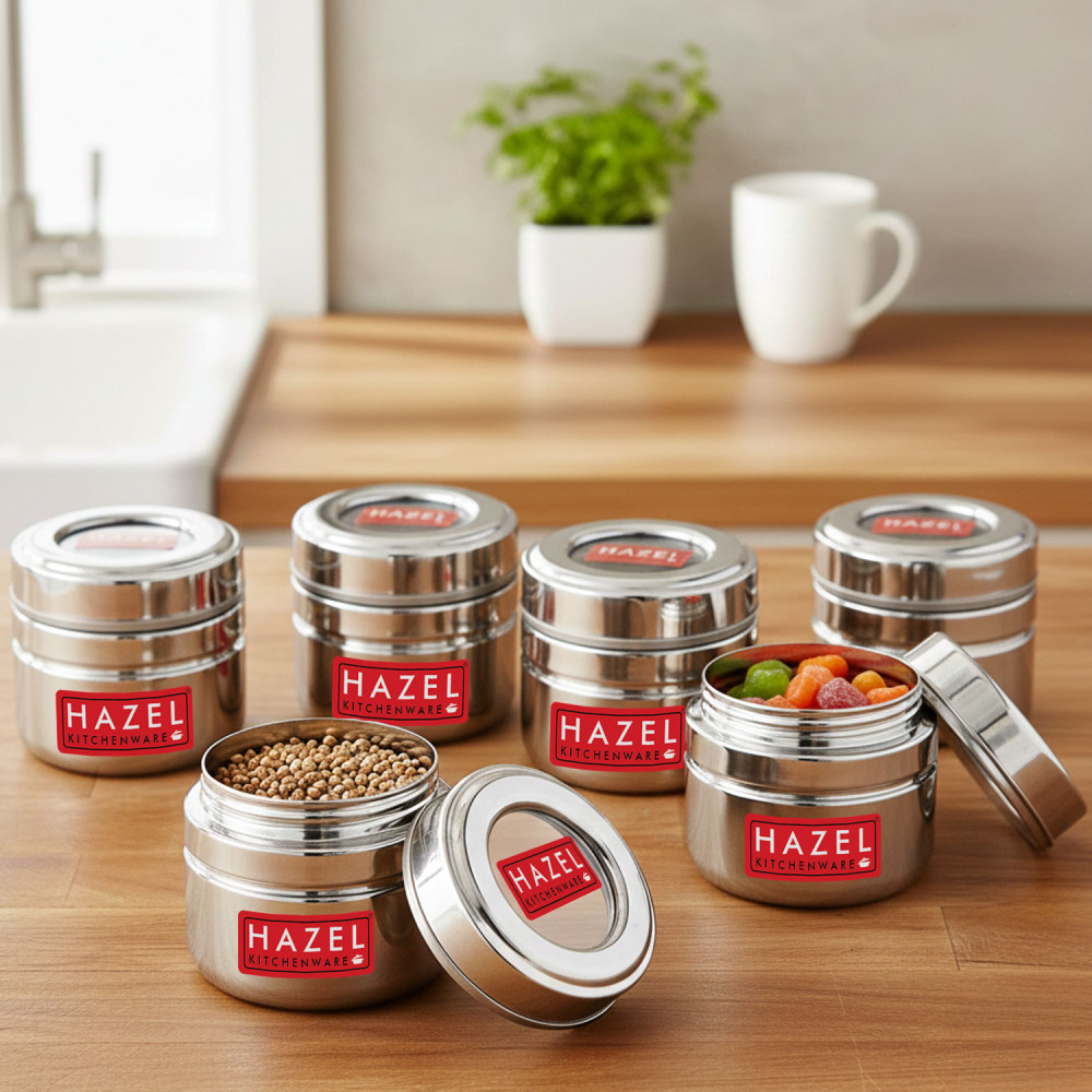 HAZEL Steel Small Container for Kitchen | Transparent Lid Containers for Storage | Small Container for Spices, Set of 6, 200 ML