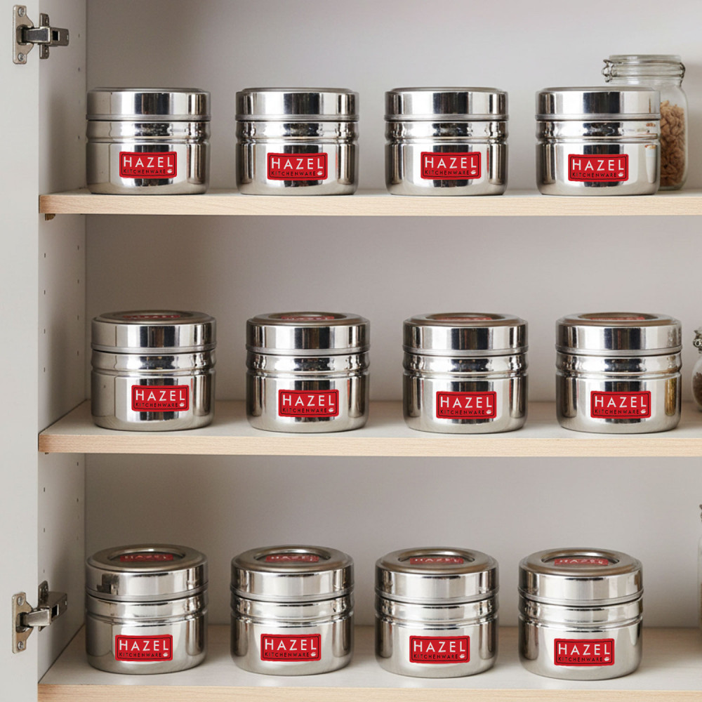 HAZEL Steel Small Container for Kitchen | Transparent Lid Containers for Storage | Small Container for Spices, Set of 12, 200 ML