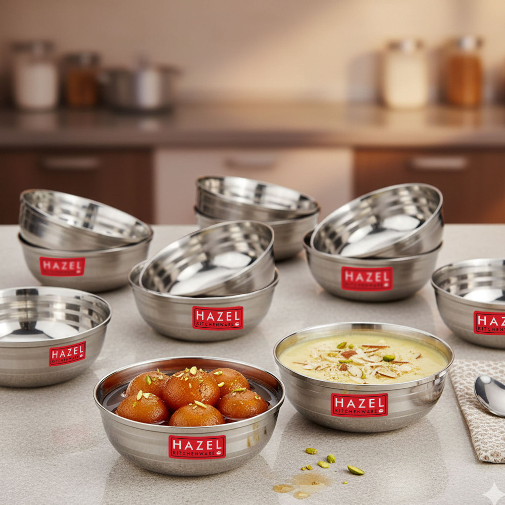 HAZEL Stainless Steel Serving Bowl Set of 12, 9 cm, 150 ml, Silver