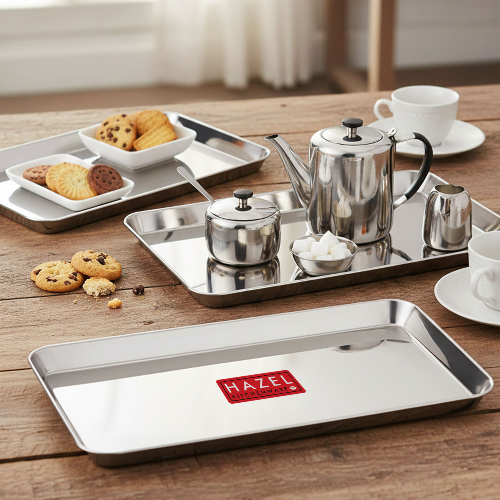HAZEL Stainless Steel Serving Trays Rectangle Premium Dining Table Plater Set of 3, Medium, Silver, 33.5 x 23 cm