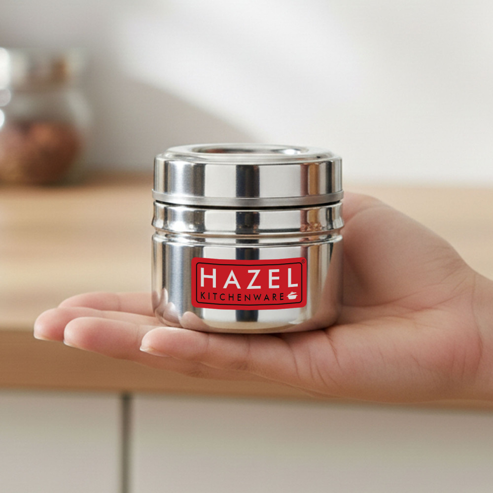 HAZEL Steel Small Container for Kitchen | Transparent Lid Containers for Storage | Small Container for Spices, 200 ML