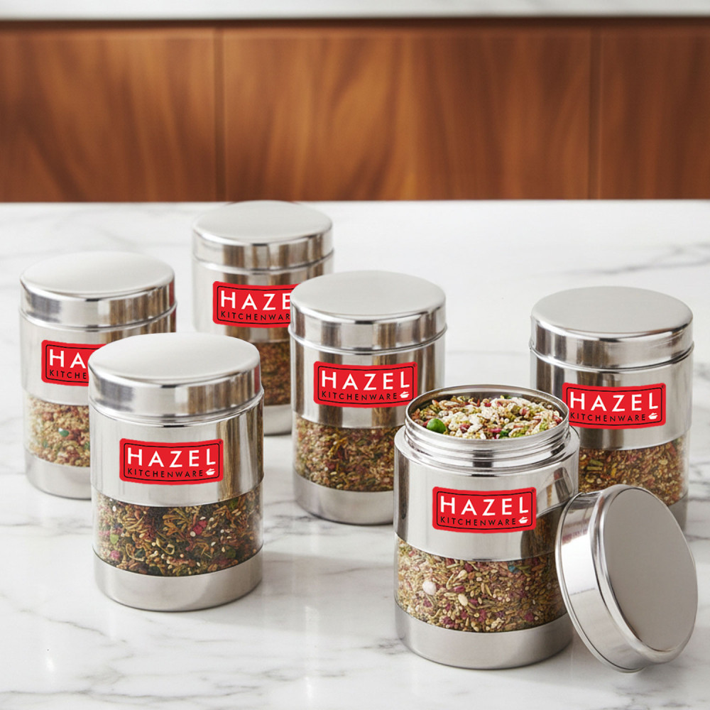HAZEL Stainless Steel Mukhwas Container | See Through Small Containers for Kitchen Storage Set | Transparent Airtight Jars Set of 6 Pc, 300 ML