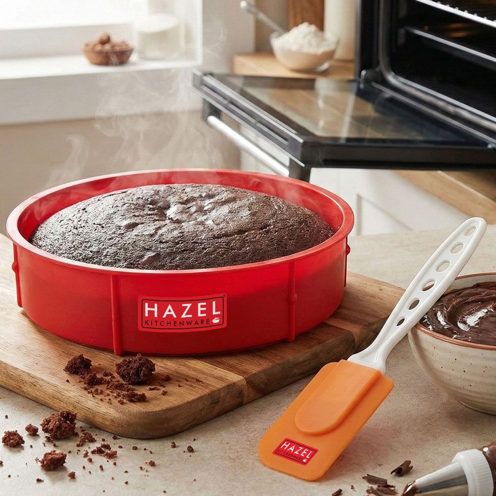 HAZEL Small Silicon Red Round Shape Cake Mould for Half Kg with Orange Spatula