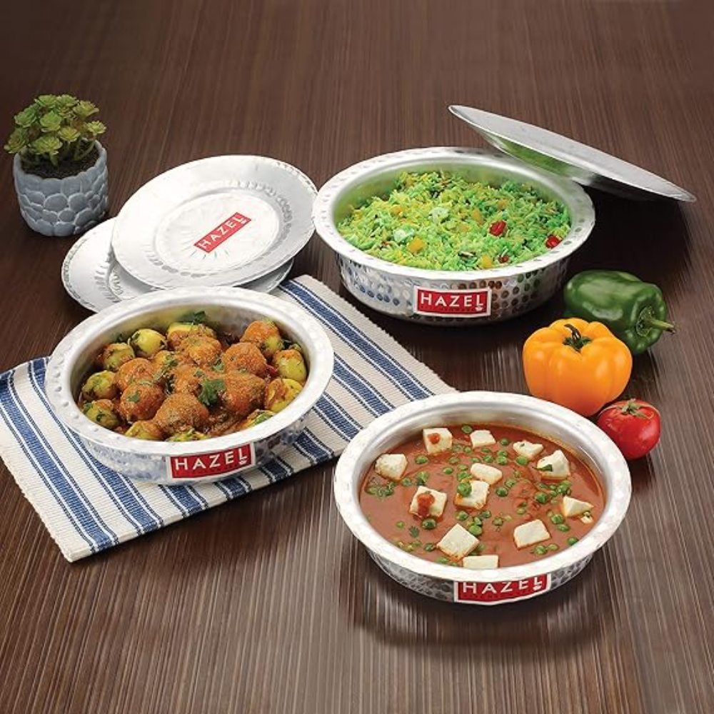 HAZEL Aluminium Langdi Patila Pot With Lid Hammered Finish Round Bottom Boiling Tope Vessels Bhagona Dekchi, Set of 3, 900 ML to 1700 ML