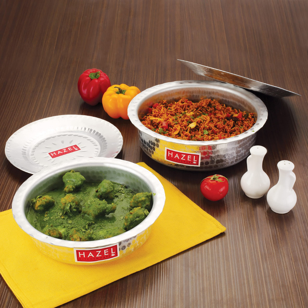 HAZEL Aluminium Langdi Patila Pot With Lid Hammered Finish Round Bottom Boiling Tope Vessels Bhagona Dekchi, Set of 2, 1300 ML, 2700 ML