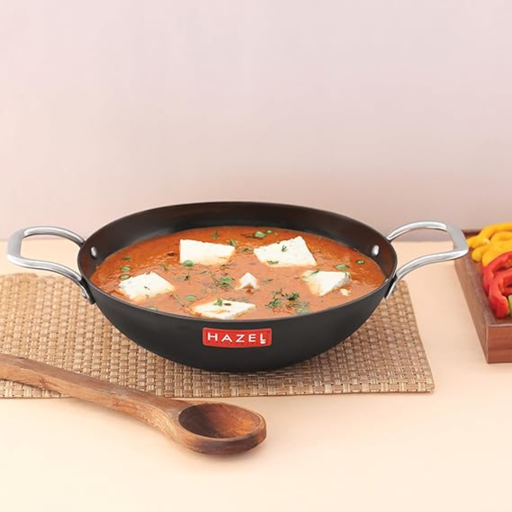 HAZEL Traditional Iron Kadhai Deep Bottom Kadai Frying Kadhai Handmade Loha Lokhand with Golden Handle, 25 cm, 2450 ML
