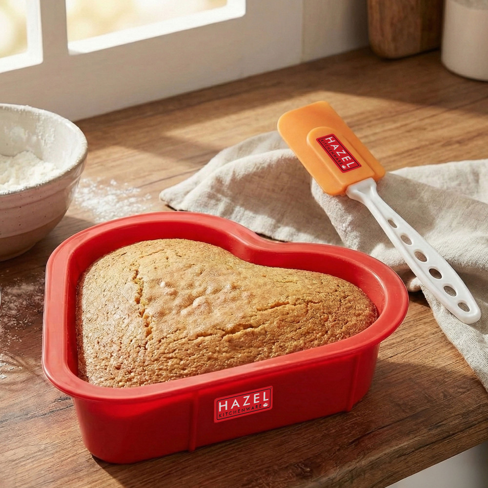 HAZEL Small Silicon Red Heart Shape Cake Mould for Half Kg with Orange Spatula