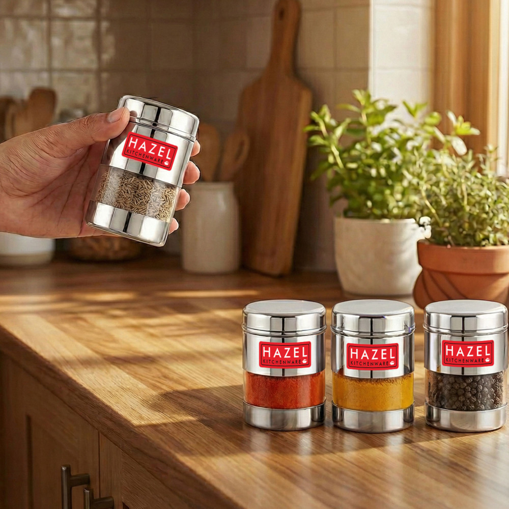 HAZEL Stainless Steel Mukhwas Container | See Through Small Containers for Kitchen Storage Set | Transparent Airtight Jars Set of 4 Pc, 170 ML