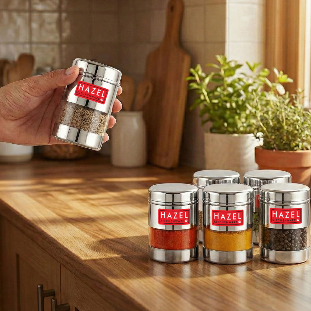 HAZEL Stainless Steel Mukhwas Container | See Through Small Containers for Kitchen Storage Set | Transparent Airtight Jars Set of 6 Pc, 170 ML