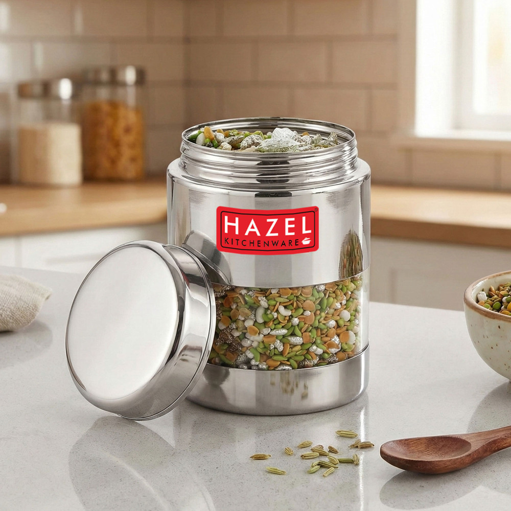 HAZEL Stainless Steel Mukhwas Container | See Through Small Container for Kitchen Storage Set | Transparent Airtight Jar For Modular Kitchen, 170 ML