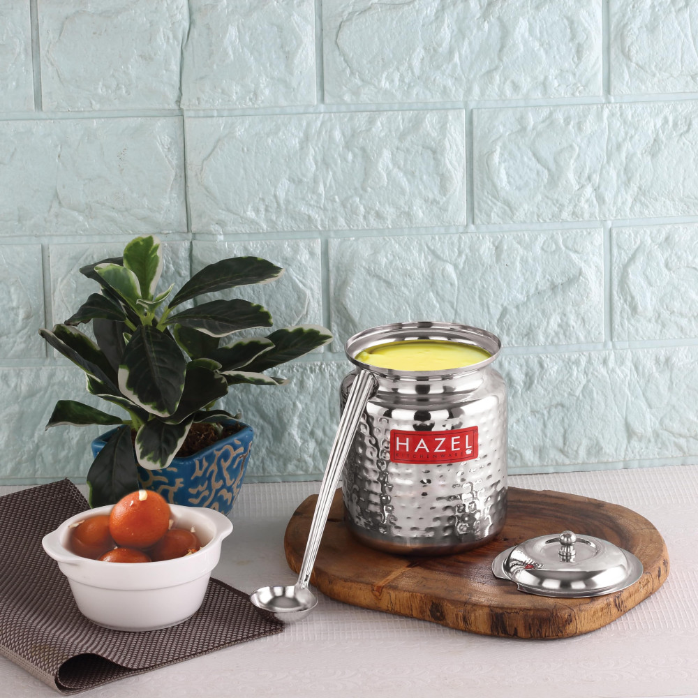 HAZEL Stainless Steel Hammered Tone Oil & Ghee Pot Container, 400ml, Silver