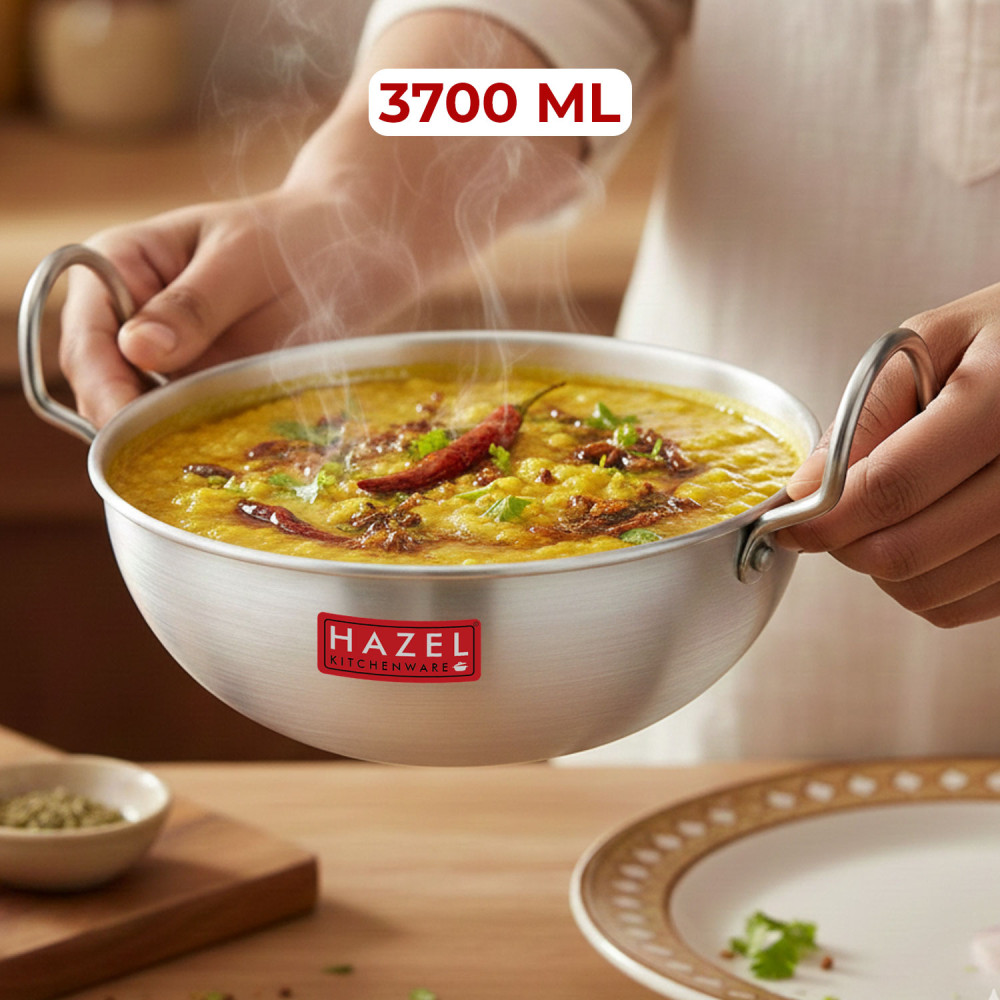 HAZEL 4mm Aluminium Kadhai with Handle | Aluminium Kadai Big Size , 3500 ml, Silver