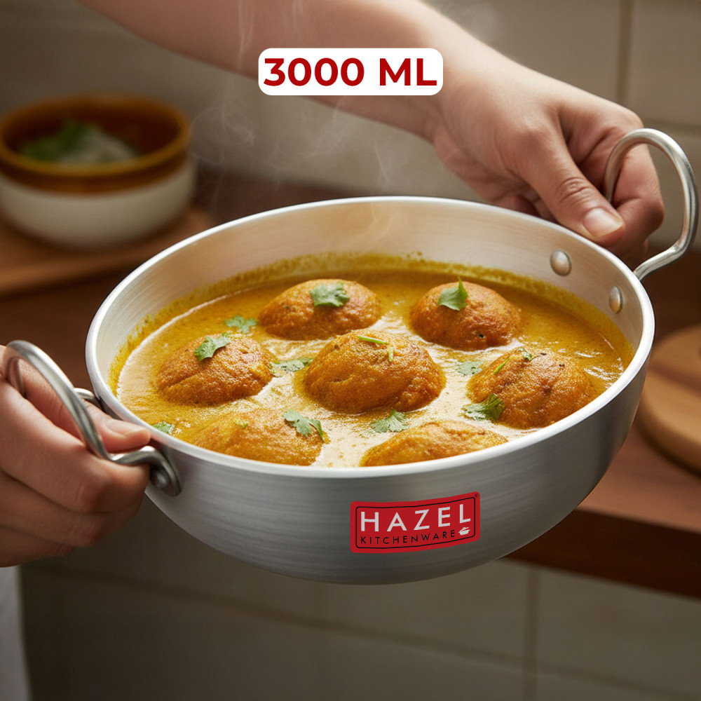 HAZEL Induction Cookware with Handle | Cooking Utensil, 3000 ml with 4 mm Thickness | Multipurpose Aluminium Induction Kadai for Deep Frying and Cooking, Silver