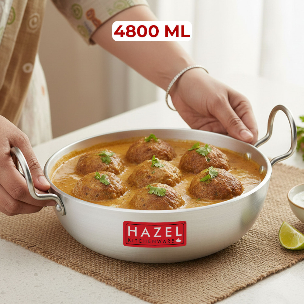 HAZEL Induction Cookware with Handle | Cooking Utensil, 4800 ml with 4 mm Thickness, Multipurpose Aluminium Induction Kadai for Deep Frying and Cooking, Silver