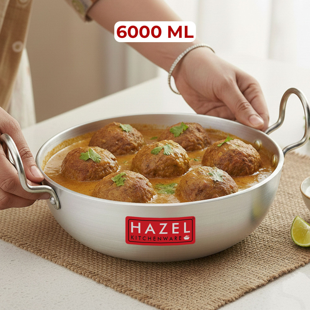 Hazel Induction Kadai for Cooking | 4 mm Aluminium Kadai for Deep Frying |Aluminium Induction Cooktop Utensil,6000 ml, Silver