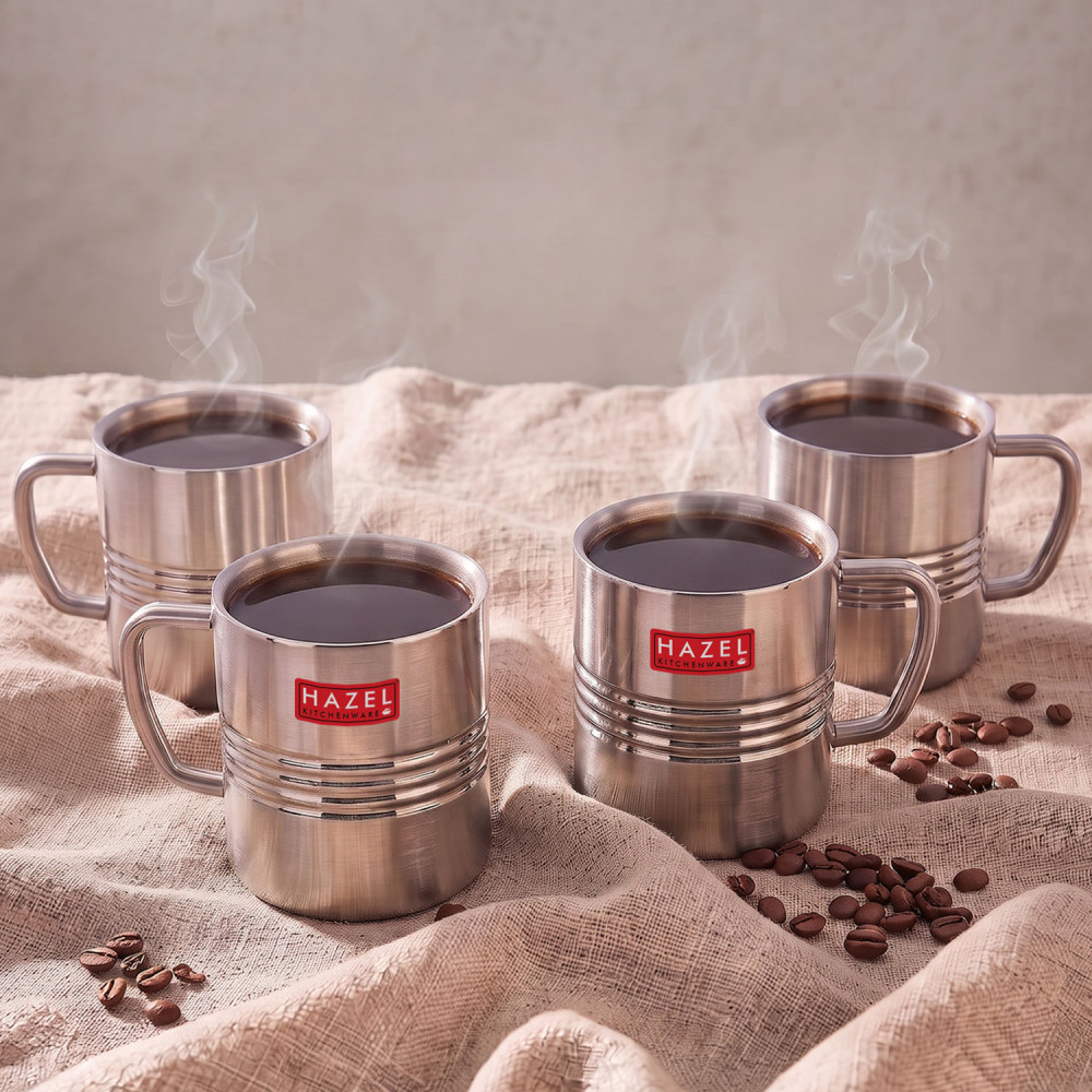 HAZEL Stainless Steel Green Tea Coffee Amrapali Mug, Set of 4, 300 ml (Each)