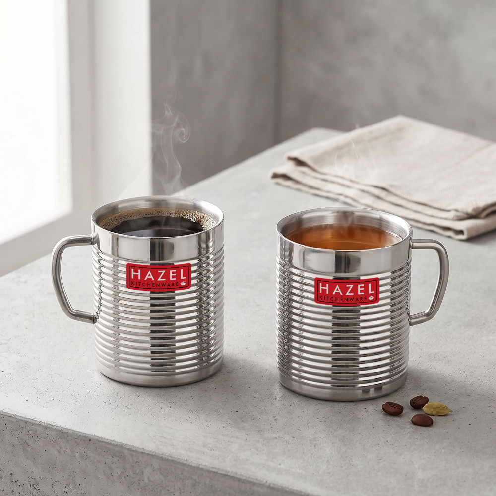 HAZEL Stainless Steel Green Tea Coffee Big Aishwarya Mug, Set of 2, 300 ml (Each)