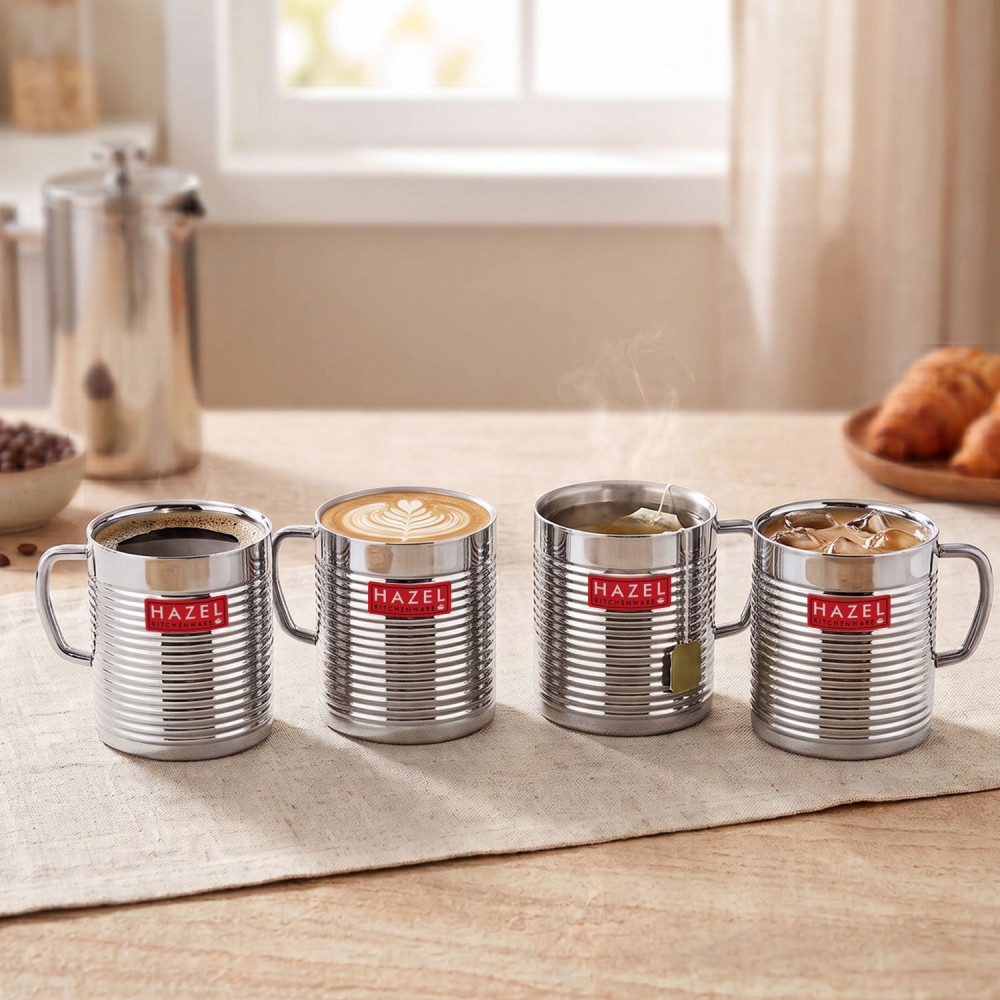 HAZEL Stainless Steel Green Tea Coffee Big Aishwarya Mug, Set of 4, 300 ml (Each)