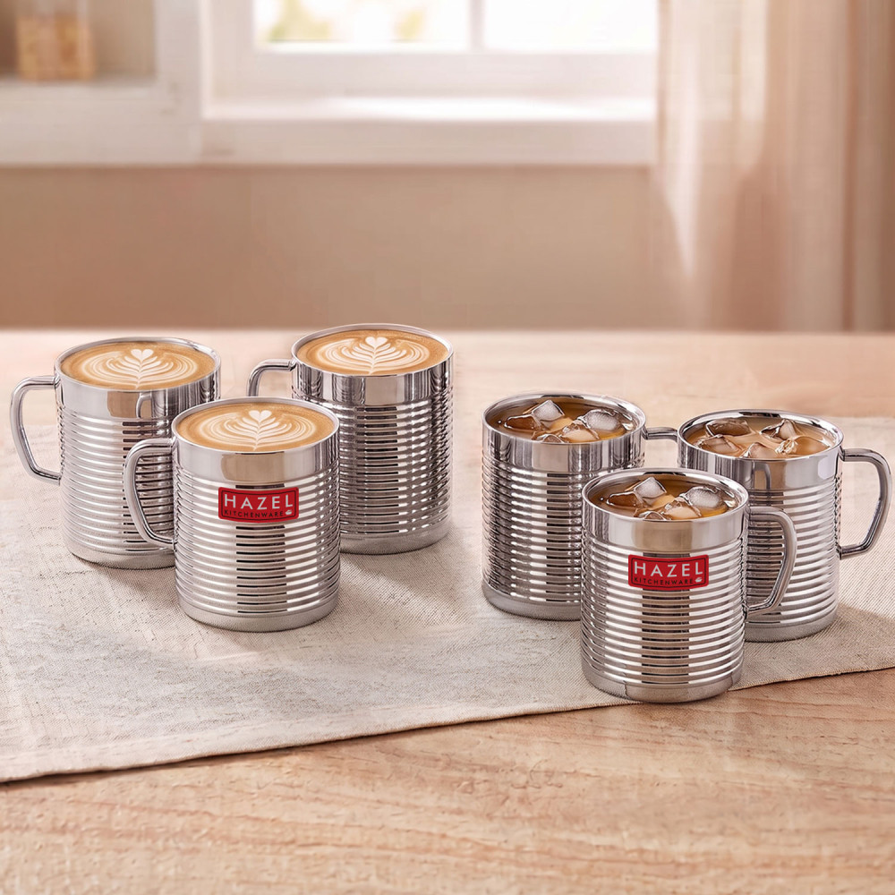 HAZEL Stainless Steel Green Tea Coffee Big Aishwarya Mug, Set of 6, 300 ml (Each)