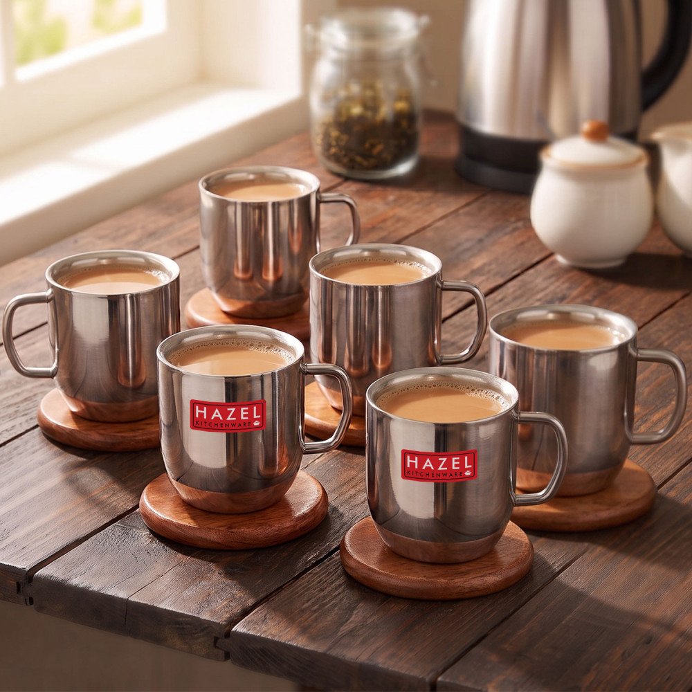 HAZEL Stainless Steel Green Tea Coffee Big Cute Plain Mug, Set of 6, 300 ml (Each)