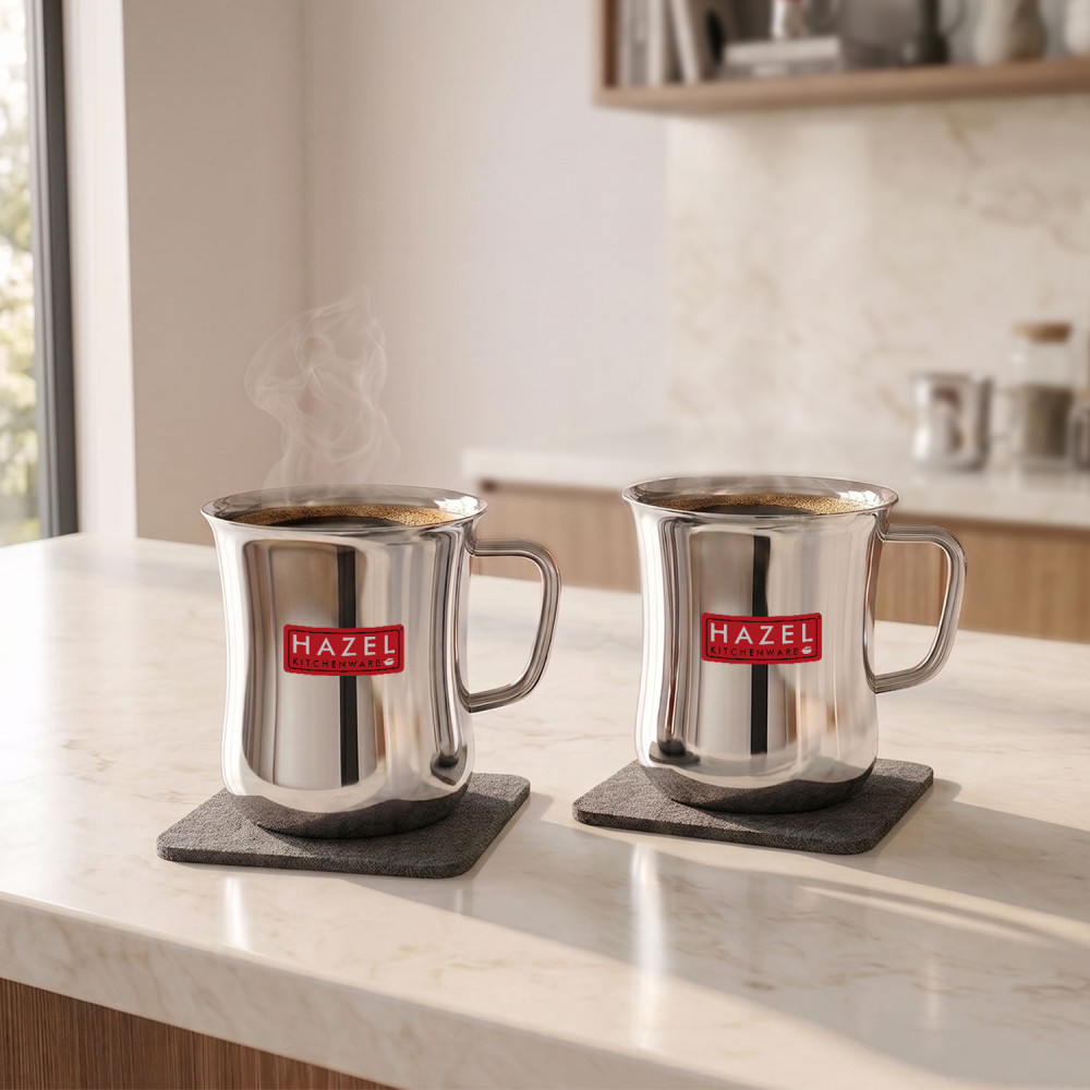 HAZEL Stainless Steel Green Tea Coffee Big Damaru Plain Mug, Set of 2, 200 ml (Each)