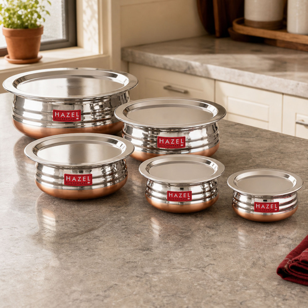HAZEL Copper Bottom Urli Handi Set With Lid Cover| Premium Stainless Steel Cookware Set | Serving Cooking Tope Bowl For Kitchen | Copper Bottom Vessels For Cooking, 5 Piece