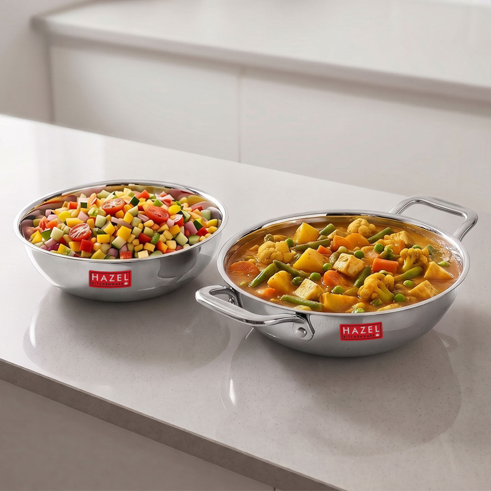 HAZEL Triply Stainless Steel Induction Bottom Kadhai and Tasra, 3 Litre, 26.8 cm