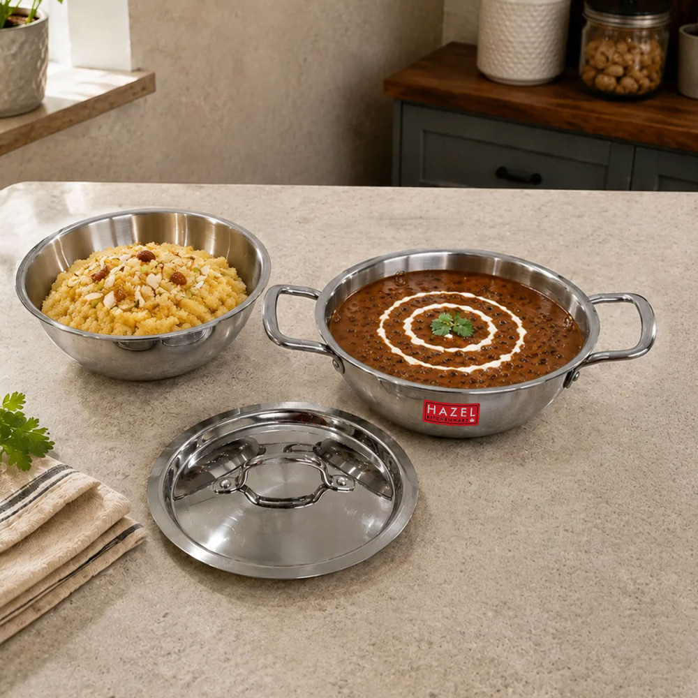 HAZEL Triply Stainless Steel Induction Bottom Tasra and Kadhai With Steel Lid, 1.2 Litre, 18.5 cm